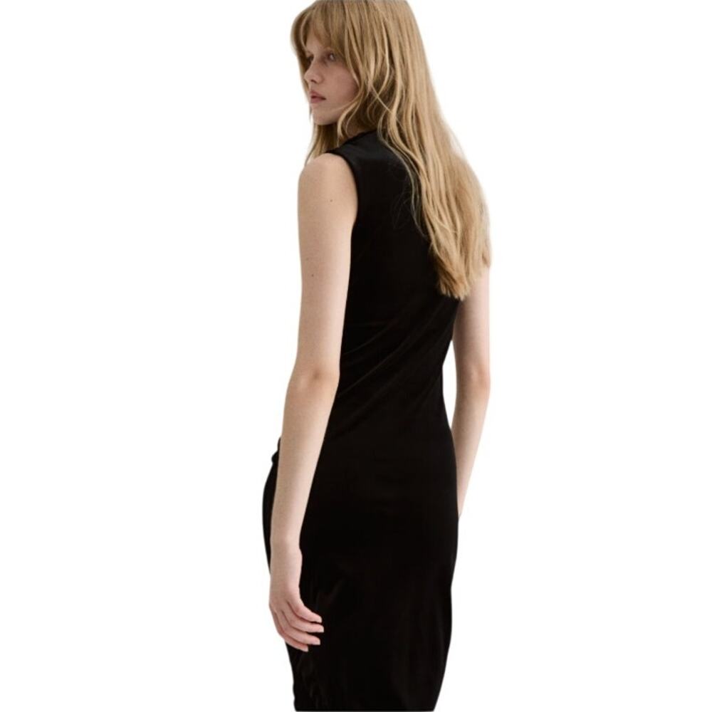 Black Velvet Sleeveless Ruched Side Bodycon Midi Dress with Slit – Size M